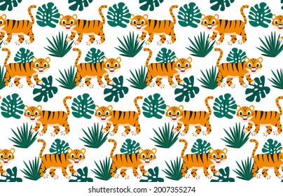 Cheerful cartoon tiger seamless pattern vector illustration. EPS 10