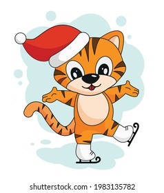 Cheerful cartoon tiger skates. Christmas illustration. vector illustration EPS 10