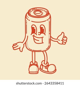 A cheerful cartoon tin can of drink mascot in shoes smiling. Bar menu symbol. Stands with finger up gesture