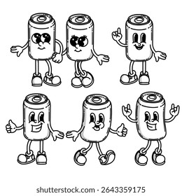 A cheerful cartoon tin can of drink mascot in shoes smiling. Bar menu symbol. Stands with hand up, couple, set