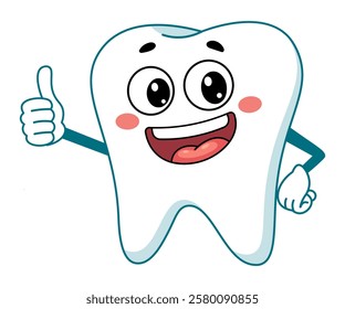 Cheerful Cartoon Tooth Character with Thumbs Up Gesture and Big Smile for Dental Health Themes