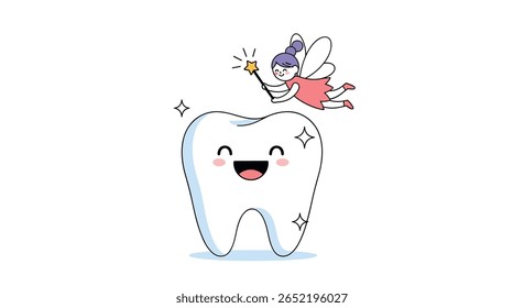 A cheerful cartoon tooth smiling brightly with a sparkly magic wand held by a tiny flying fairy illustration