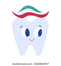 Cheerful cartoon tooth with toothpaste on it. Smiling tooth with happy face ready to get dental care. Dentistry concept for kids for oral and teeth hygiene and treatment. Isolated vector clipart.