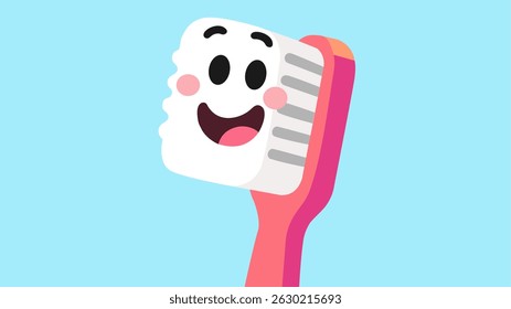 Cheerful cartoon toothbrush with eyes and smile, bright flat design perfect for kids and dental care concepts.