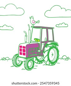 Cheerful Cartoon Tractor with Bird: Fun Vector Illustration on White Background for Kids and Farm Designs.