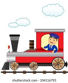 cheerful cartoon train with smile conductor thumb up