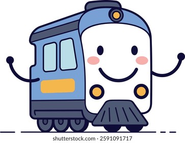 A cheerful cartoon train with a smiling face and arms stands playfully, embodying a fun and friendly atmosphere in bright colors.