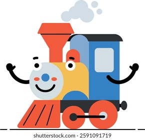 A cheerful cartoon train with a smiling face and colorful design stands proudly, exuding a playful and friendly atmosphere.