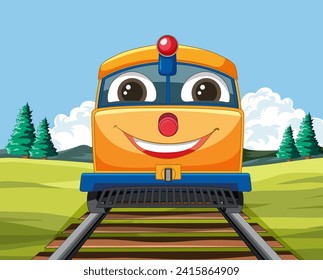 Cheerful cartoon train traveling through countryside