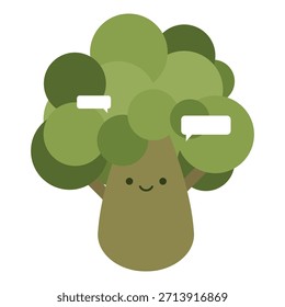 Un alegre árbol de dibujos animados con expresivas burbujas de discurso, que combina la naturaleza y la comunicación lúdica en un formato de Vector estilizado.