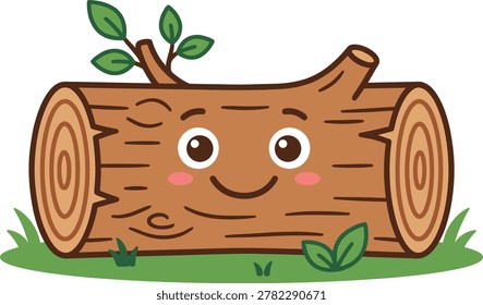 A cheerful cartoon tree log with a smiling face, two eyes, and rosy cheeks, sitting on green grass with leaves and a small sprout on top, illustrated in a playful and whimsical style