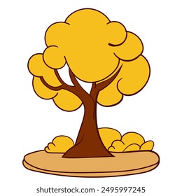 Cheerful Cartoon Tree with Yellow Foliage and Surrounding Bushes