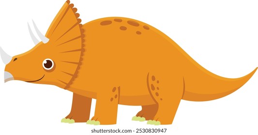 Fröhliche Cartoon Triceratops Dinosaurier zu Fuß in Richtung der linken Seite des Rahmens. Dieser freundliche Dinosaurier lächelt