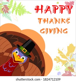 Cheerful cartoon turkey flaps its wings. Happy Thanksgiving card surrounded by autumn leaves. Greeting. Design for poster, banner or flyer.