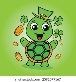 A cheerful cartoon turtle in a fun and cute illustration, a green nature background, and a happy, isolated amphibian character