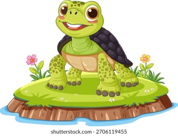 Tortuga alegre de la historieta con la cáscara verde en la Pequeña isla herbosa, rodeada de flores coloridas