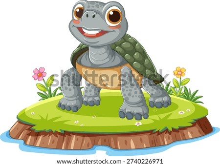 Cheerful cartoon turtle with green shell on small grassy island, bright colors, vector style