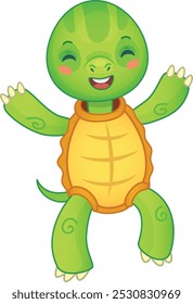 Cheerful cartoon turtle happily walks with arms wide open and a big smile, perfect for kids designs