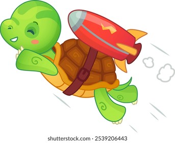 Cheerful cartoon turtle joyfully soars through the sky with a rocket, symbolizing adventure, freedom, and achievement. Perfect for conveying innovation and success in business