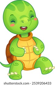 Cheerful cartoon turtle laughs with eyes closed, exuding joy and playfulness. Perfect for kids, toddlers, and preschoolers. Isolated on white, adds happiness to any design project