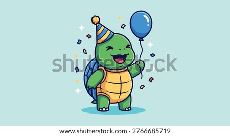 A cheerful cartoon turtle in a party hat celebrates with a blue balloon and confetti, perfect for birthdays and festive occasions.
