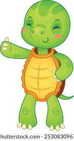 Cheerful cartoon turtle pointing and smiling on a white background, perfect for kids designs