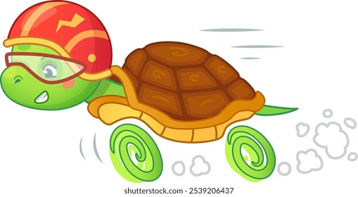 Cheerful cartoon turtle races with determination and energy, wearing a tiny helmet and leaving a cloud of dust behind. Perfect for children s books or branding