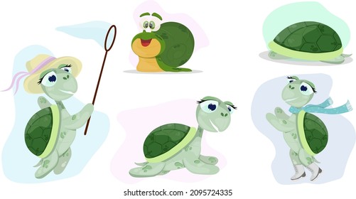  Fröhliche Cartoon-Schildkröte und Schnecke