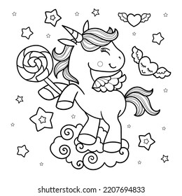 Cheerful Cartoon Unicorn with a candy on a cloud. Black and white linear image. For children's design of coloring books, stickers, cards, prints, posters, puzzles and so on. Vector