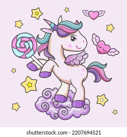 Cheerful cartoon unicorn with a lollipop candy on a cloud. For children's design of prints, posters, stickers, badges, cards and so on. Vector