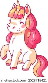 Un alegre unicornio de dibujos animados con una melena rosa y amarilla se sienta felizmente mostrando su personalidad juguetona y su encanto caprichoso perfecto para los diseños de los niños.