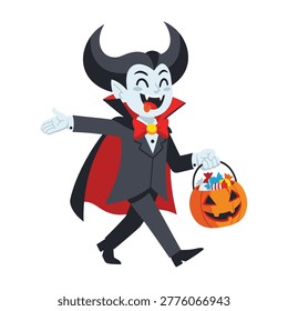 A cheerful cartoon vampire in a suit and cape holds a pumpkin bucket for trick-or-treating on Halloween night with a joyful expression.
