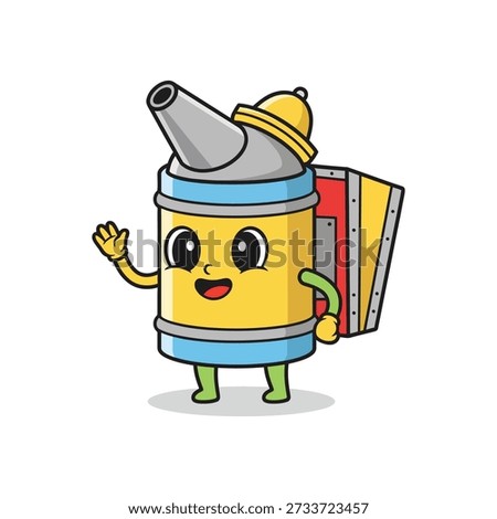 Cheerful cartoon vector character of a yellow and blue bee smoker tool waving a hand for beekeeping and apiary concepts.