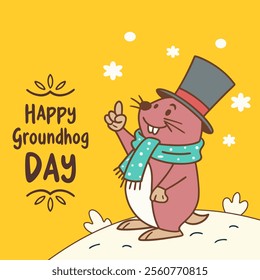 A cheerful cartoon vector illustration for "Happy Groundhog Day," featuring playful lettering and a spring-themed design, perfect for festive cards, posters, and digital projects.