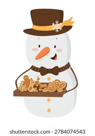 Cheerful cartoon vector illustration of a snowman holding a tray of gingerbread cookies. Warm and festive design.