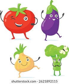 Cheerful Cartoon Vegetables Tomato Eggplant Onion and Broccoli