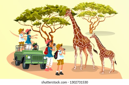 Cheerful cartoon visitors with cameras walking in nature with giraffes
