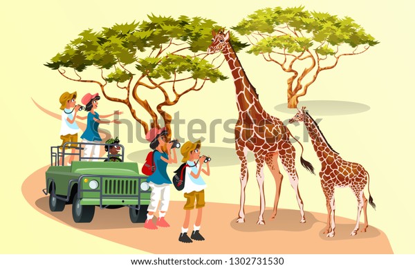 Cheerful cartoon visitors with cameras walking\
in nature with\
giraffes