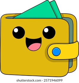 A cheerful cartoon wallet with a happy face and visible money inside, symbolizing financial happiness and payday celebrations.