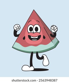 Cheerful cartoon watermelon slice character with a happy face, energetic pose, and clenched fists, isolated on a light blue background. Flat cartoon vector illustration