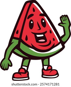 Cheerful cartoon watermelon slice character with arms, legs, and a big smile, waving a hand.