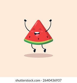 Cheerful cartoon watermelon slice character, jumping in the air with arms raised.  The character is depicted with a happy expression, simple lines, and vibrant colors.