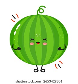 A cheerful cartoon watermelon with a smiling face, arms raised, and excited expressions on a white background. Perfect for summer fun.