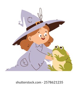 A cheerful cartoon witch girl interacting with a large green frog, wearing a pointed hat and a patched cloak.