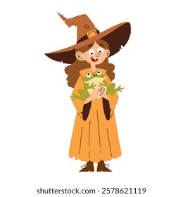 A cheerful cartoon witch girl with long brown hair holding a green frog, wearing an orange dress and a pointed hat.