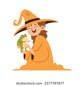 A cheerful cartoon witch girl in an orange outfit holding a green frog, with a playful expression and a pointed hat.