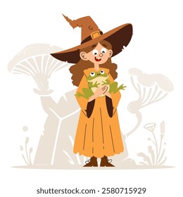 A cheerful cartoon witch girl in an orange dress holding a green frog, standing in a whimsical forest with oversized mushrooms.