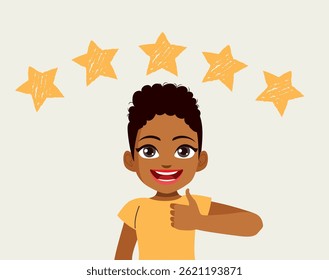 Cheerful cartoon woman giving a thumbs up with five stars in background positive online feedback concept. User satisfaction and excellent customer reviews drawing
