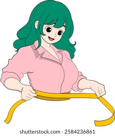 A cheerful cartoon woman with green hair wearing a pink shirt, happily measuring her waist with a yellow tape