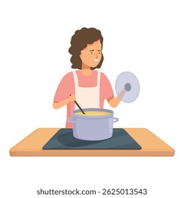 Cheerful cartoon woman stirring a pot on the stove in a home kitchen setting